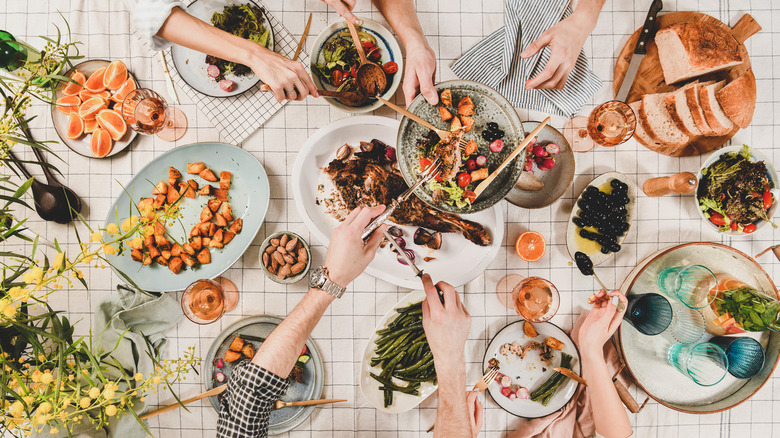 Healthy family meal overhead view