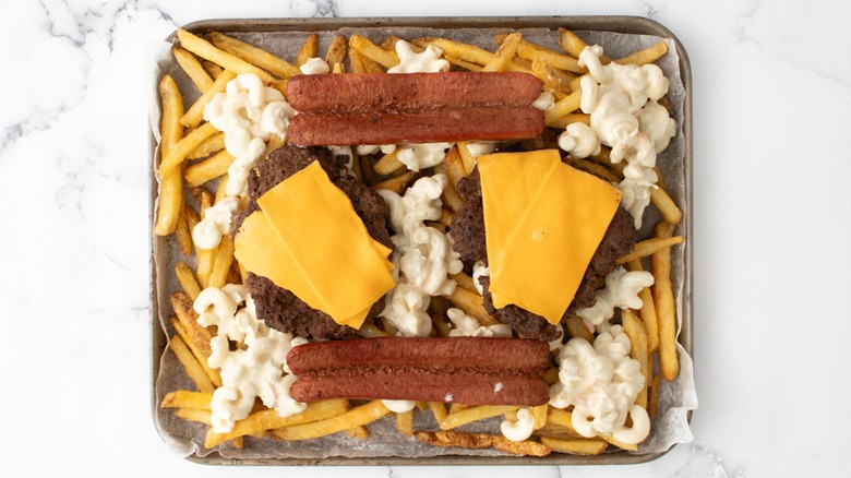 rochester garbage plate with hot dogs cheeseburgers