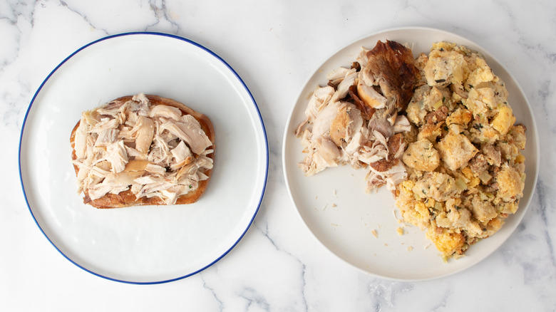 toasted bread slice on plate topped with turkey