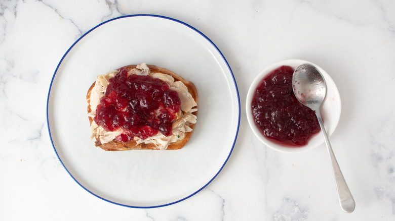 bread with turkey and cranberry sauce on plate