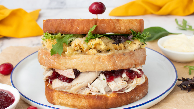 stacked turkey leftover thanksgiving sandwich