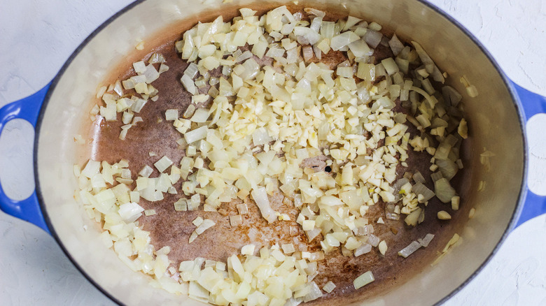 onion and garlic in pot