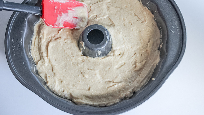 cake batter in bundt pan