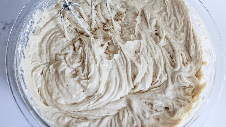 cake batter in clear bowl