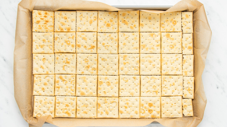 baking sheet with saltine layer