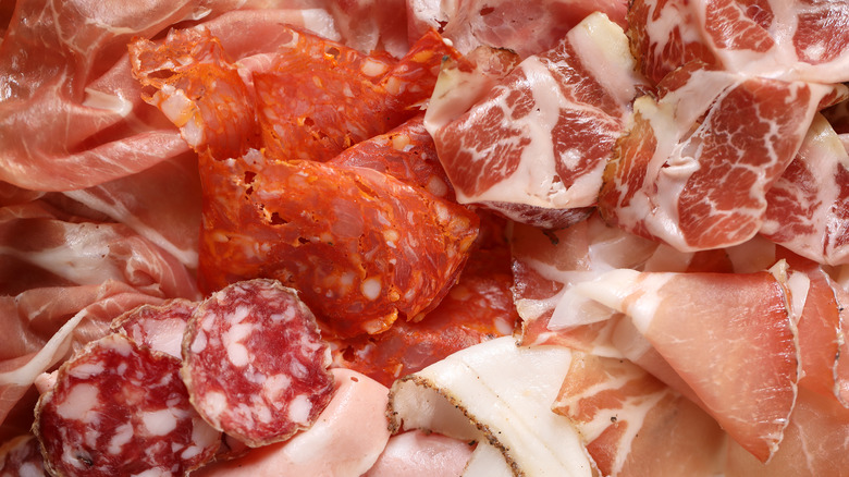 Close-up of various Italian salumi.