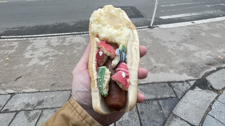 Hot dog topped with mashed potatoes and sugar cookies