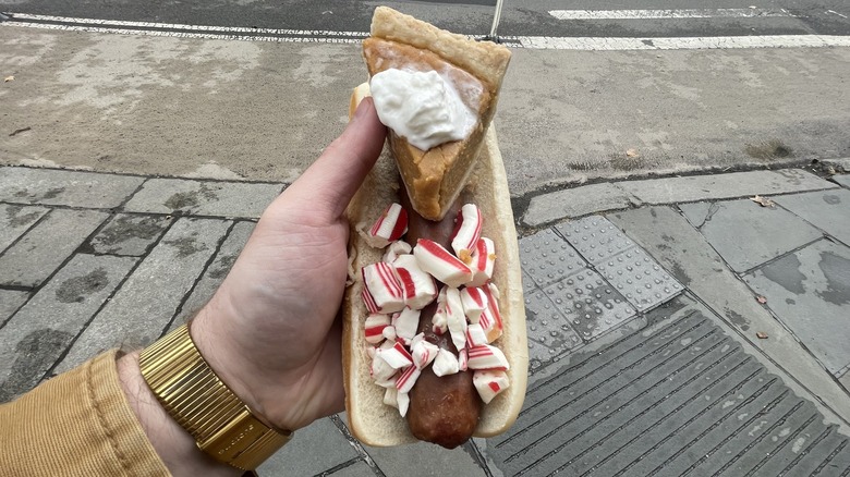 Hand holding hot dog with pumpkin pie and candy cane pieces