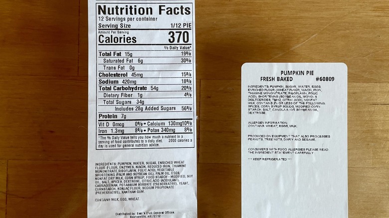 Nutrition labels of pumpkin pies