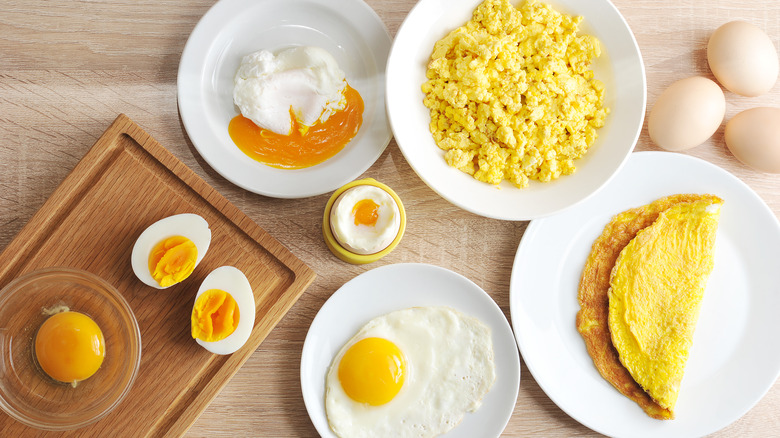 plates of eggs cooked in various ways