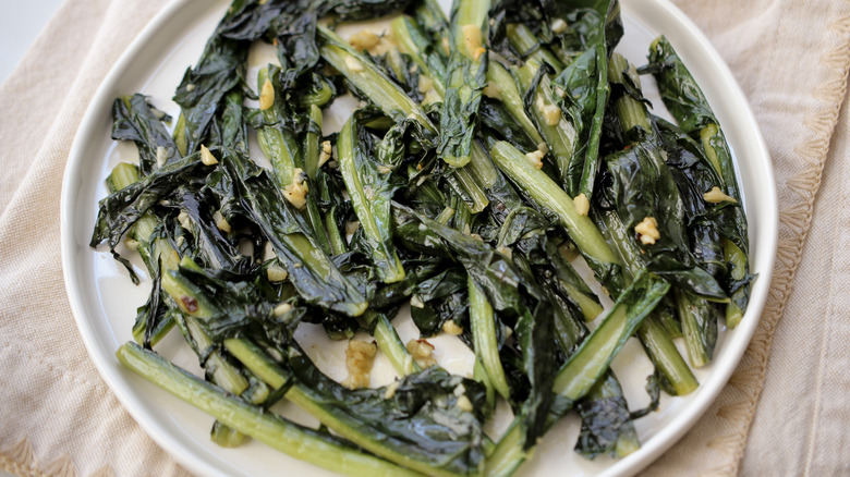 garlic dandelion greens in pan