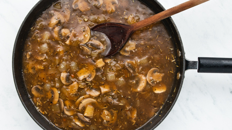 mushroom gravy in frying pan