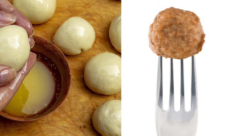 Monkey bread dough balls and a meatball on a fork