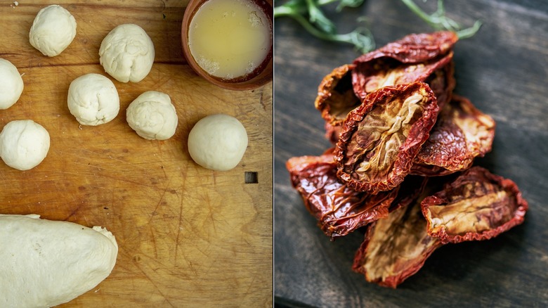 Monkey bread dough balls and sundried tomatoes