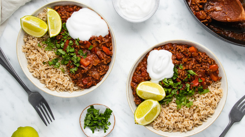 savory no bean chili in bowls 