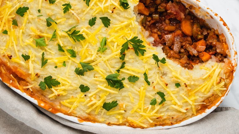 Mashed potato-topped shepherd's pie with bean-veggie filling.