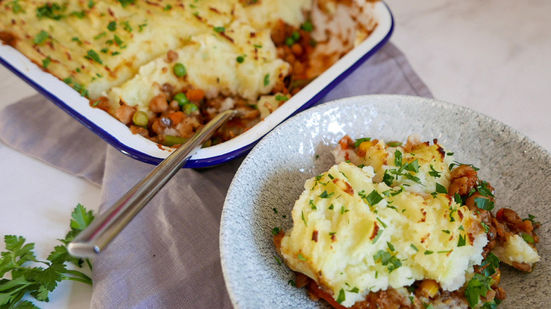 Vegetable shepherds pie topped with mashed potatoes.