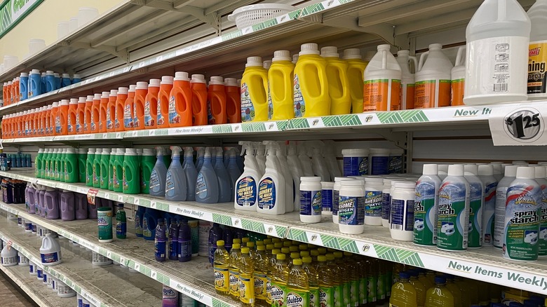 dollar store cleaning product shelves