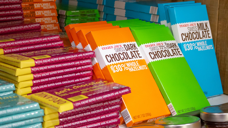 Trader Joe's chocolate bars on shelf