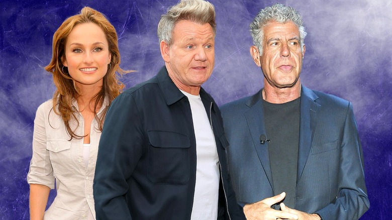 Giada De Larentiis, Gordon Ramsay, and Anthony Bourdain against blue background