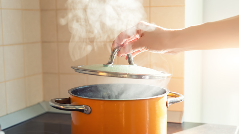 Hand lifting the lid off of an orange pot