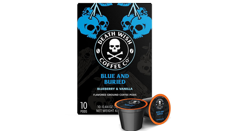 Blue and black package of coffee pods. 