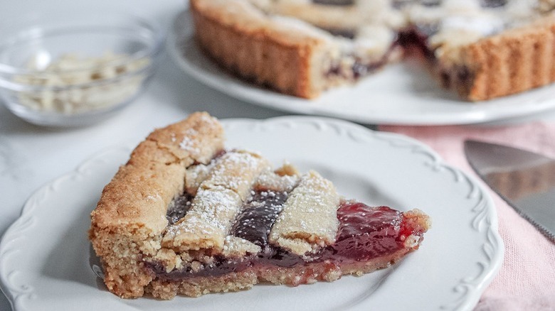 Linzer torte on white plate