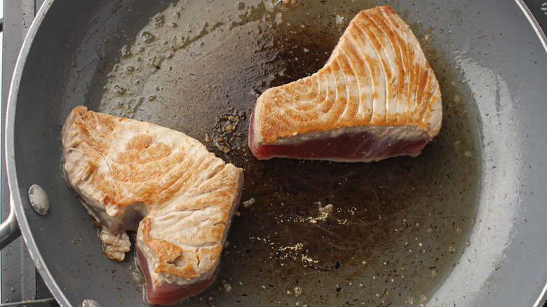 cooked tuna in frying pan