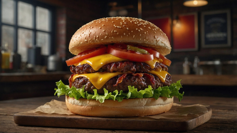 homemade gourmet double cheeseburger with pickles, lettuce, and tomato