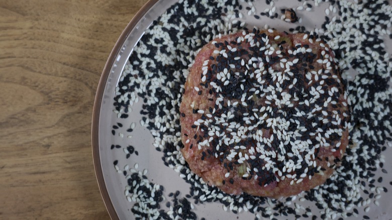 tuna patty coated in sesame seeds