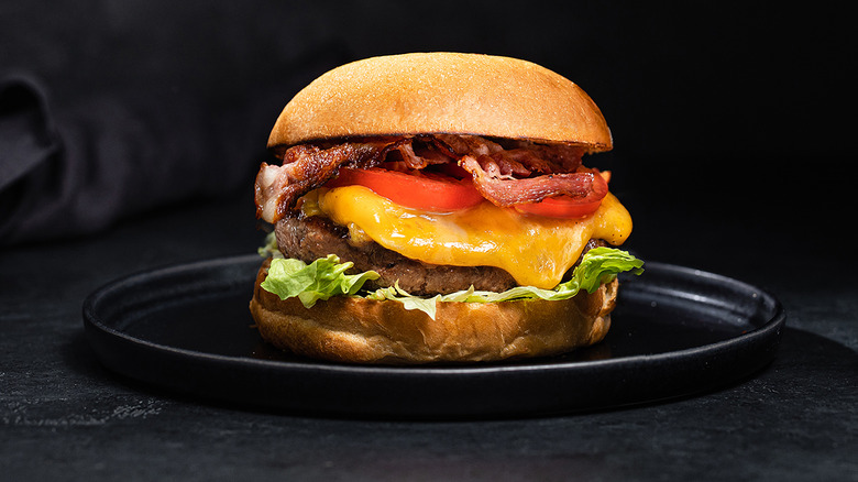 Burger on a plate on a dark background 