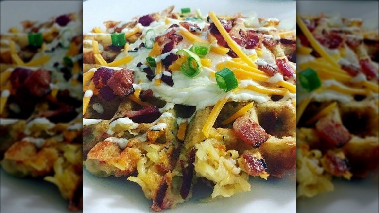 Shaq's hash brown waffle with bacon, cheese, and onion