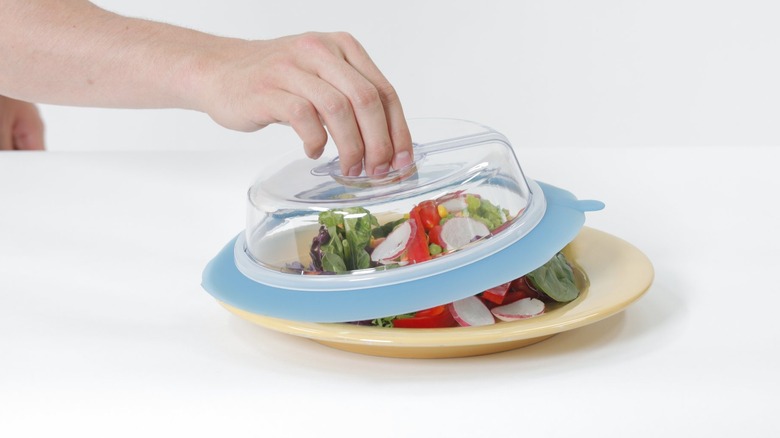 Plate topper being placed over a salad