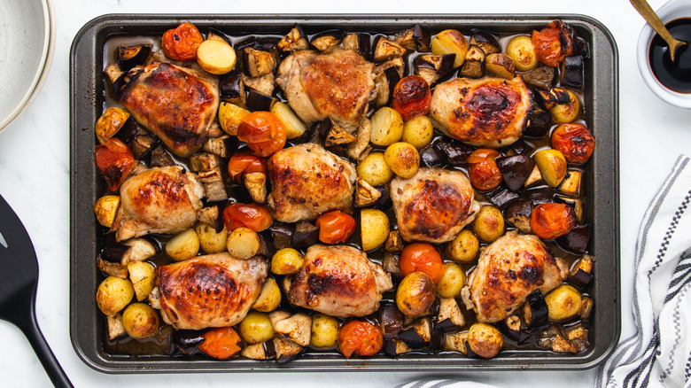 Sheet-pan balsamic chicken and eggplant bake