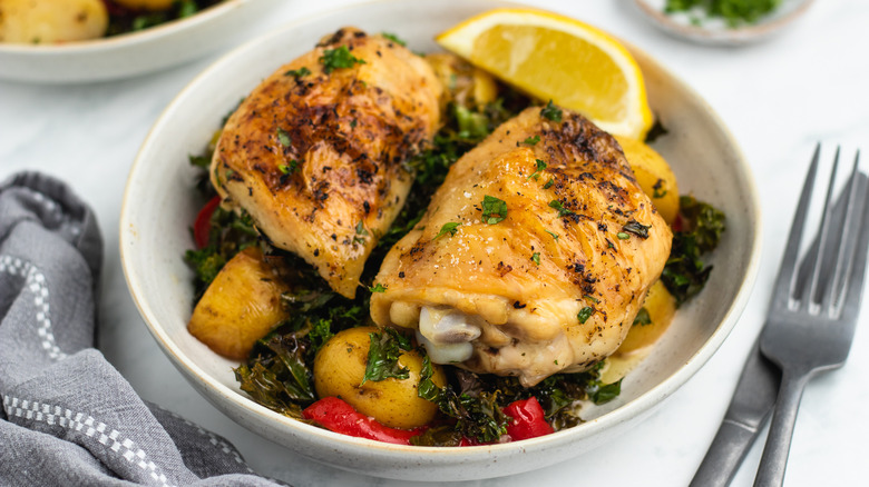 chicken and kale in dish 