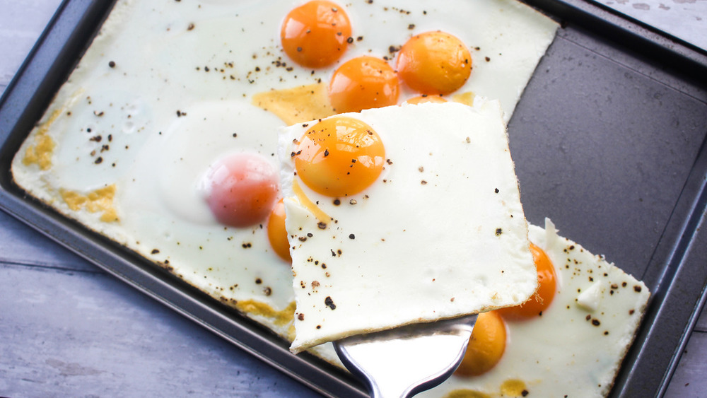 sheet pan fried eggs being served