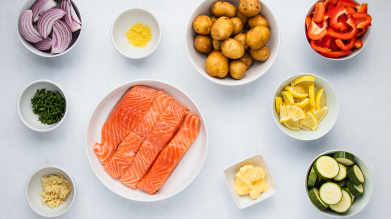 Ingredients for sheet pan garlic salmon recipe