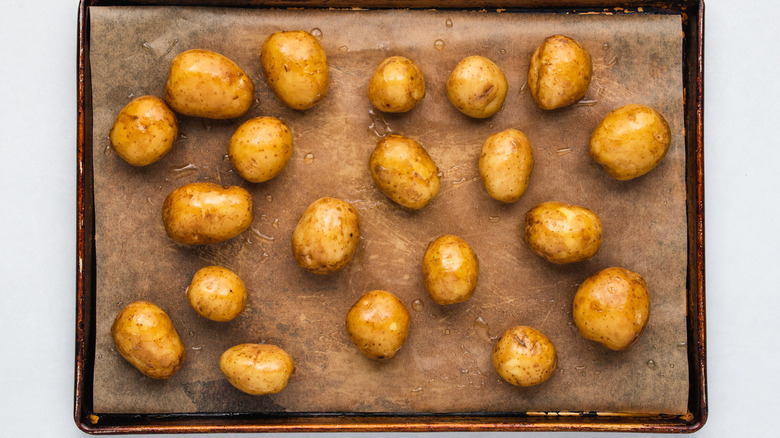 Baby potatoes on parchment, after baking in the oven