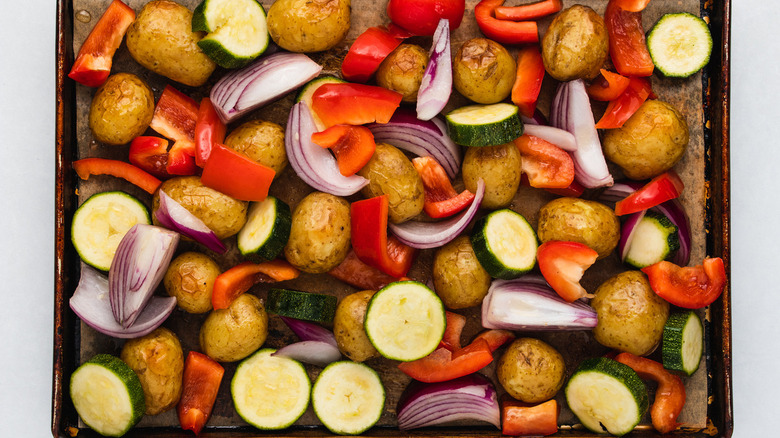 vegetables and potatoes for Sheet Pan Garlic Salmon Recipe