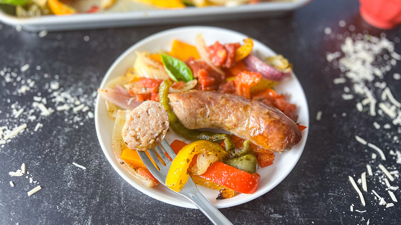 sheet pan Italian sausage on plate 