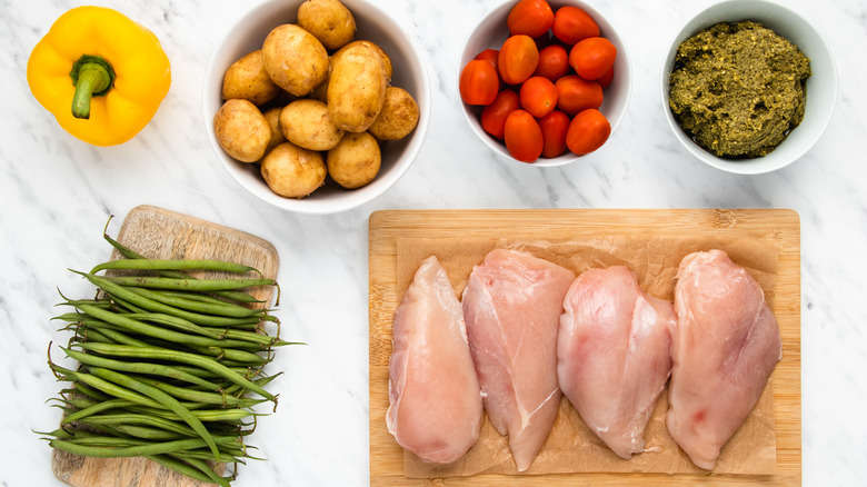 Ingredients for sheetpan pesto chicken