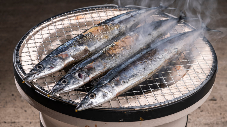 saury fish on Japanese shichirin grill