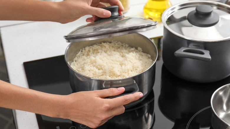 rice in pot on stove