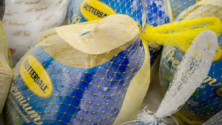 Butterball frozen turkeys in a display case