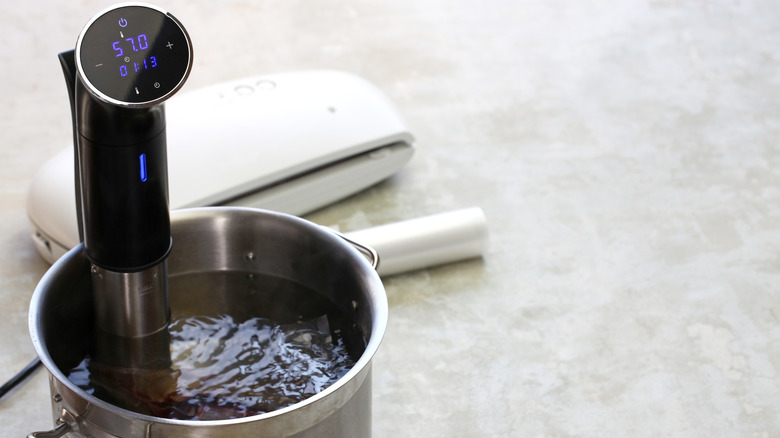 Immersion circulator in a metal pot of water