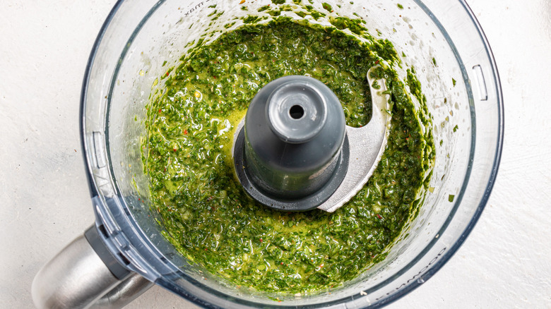 Chimichurri sauce in a food processor