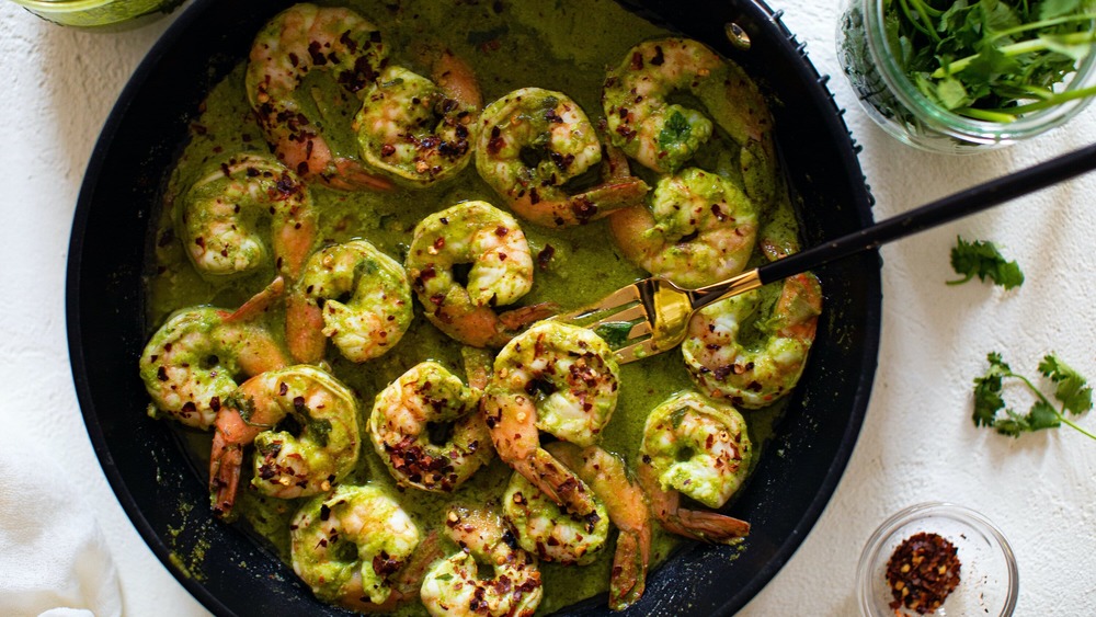 Shrimp tossed in chimichurri sauce for tacos