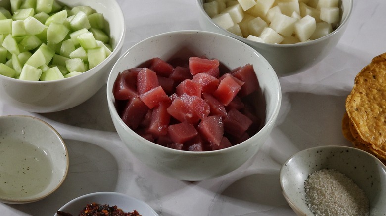 bowl of tuna cubes