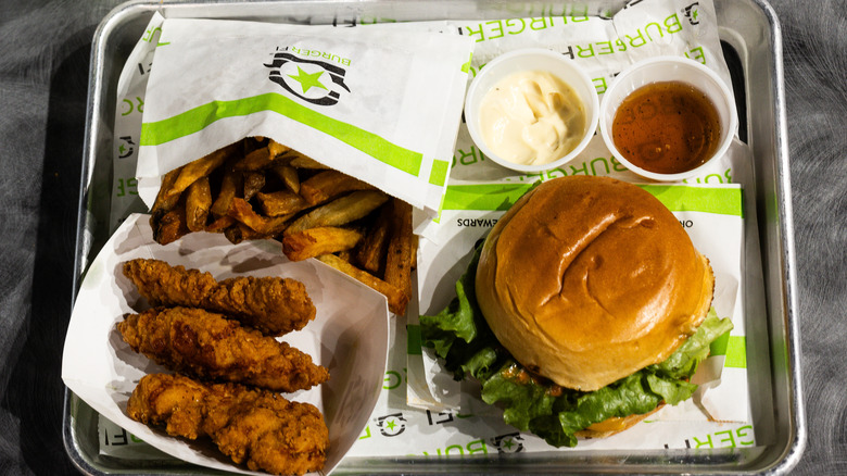 BurgerFi burger, fries, and chicken