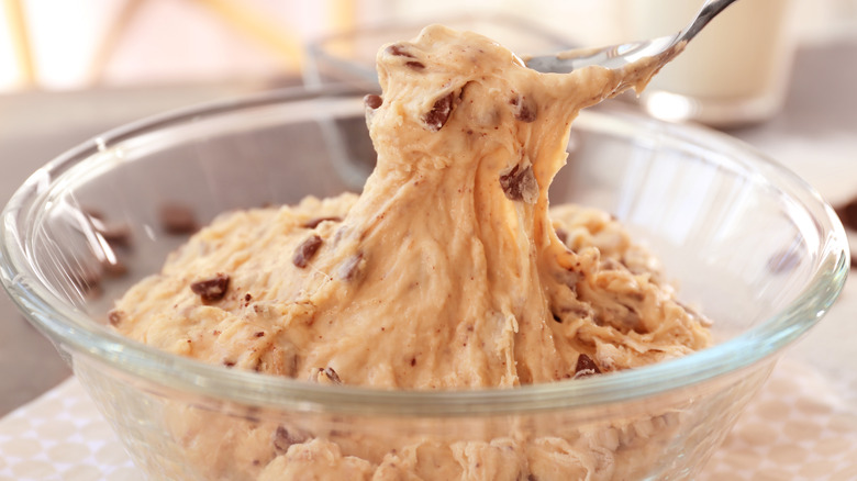 Chocolate chip cookie dough in a bowl